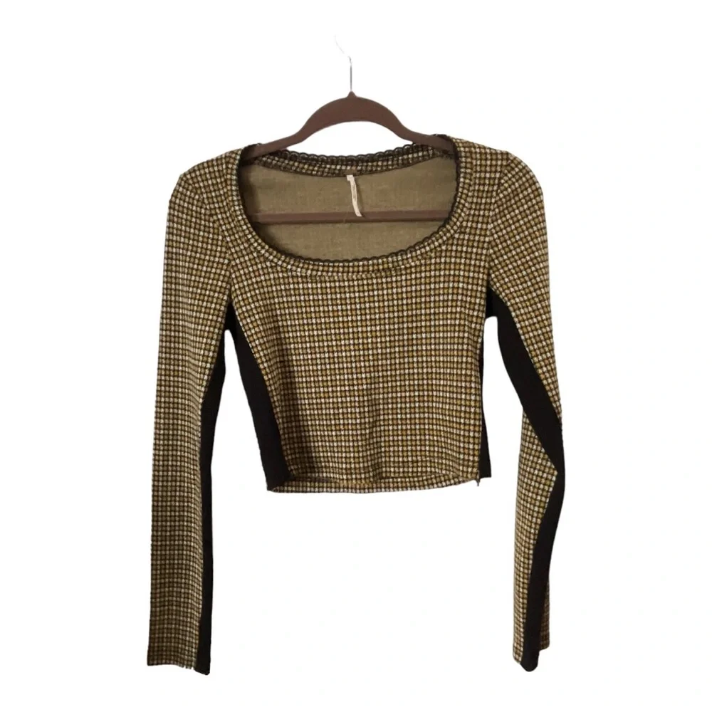 Free People Boston Herringbone Gold Scoop Neck Cropped Long Sleeve Tee‎ S